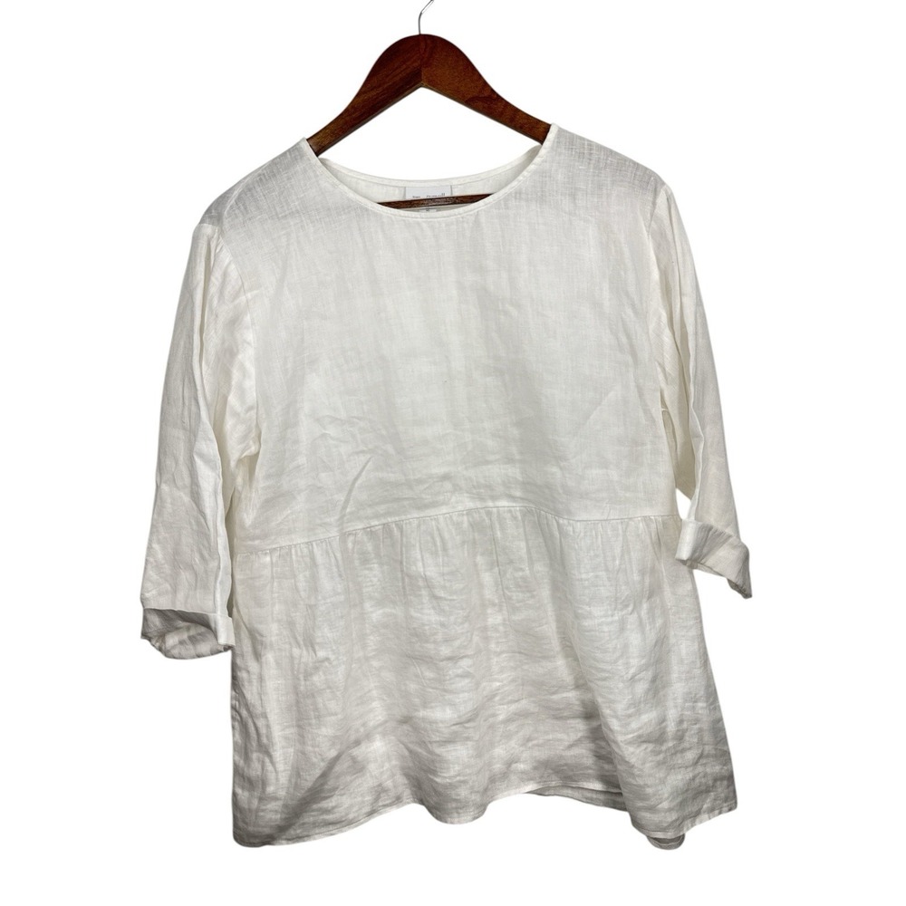 Pure‎ Jill Linen Peplum Top 3/4 Sleeve Casual Blouse White XS